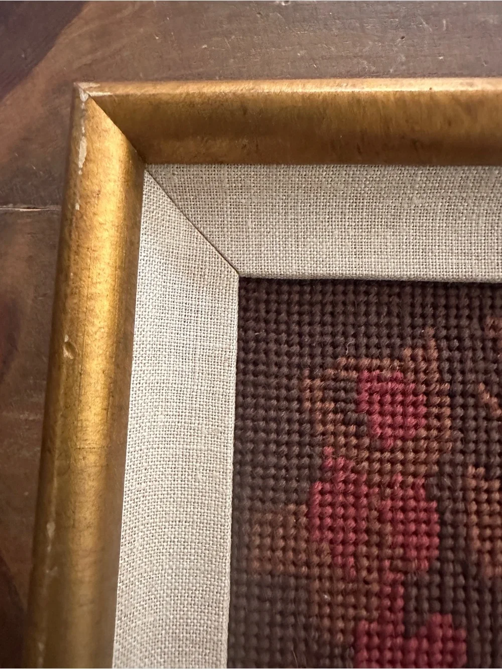 VINTAGE Framed Floral Needlepoint Art in Gold Frame- size 20-1/2” long x 15”wide